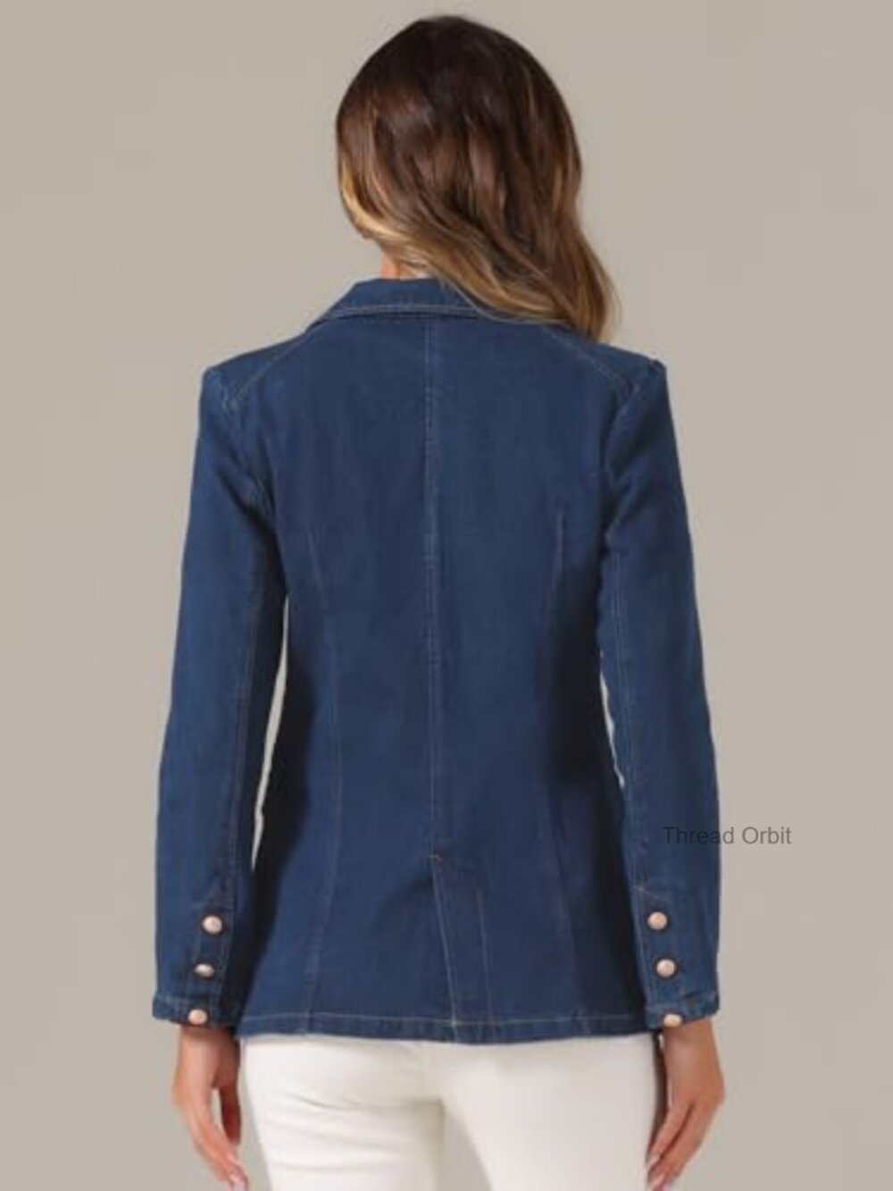 Allegra K Notched Lapel Denim Blazer Stretch Business Casual - Picture 2 of 4